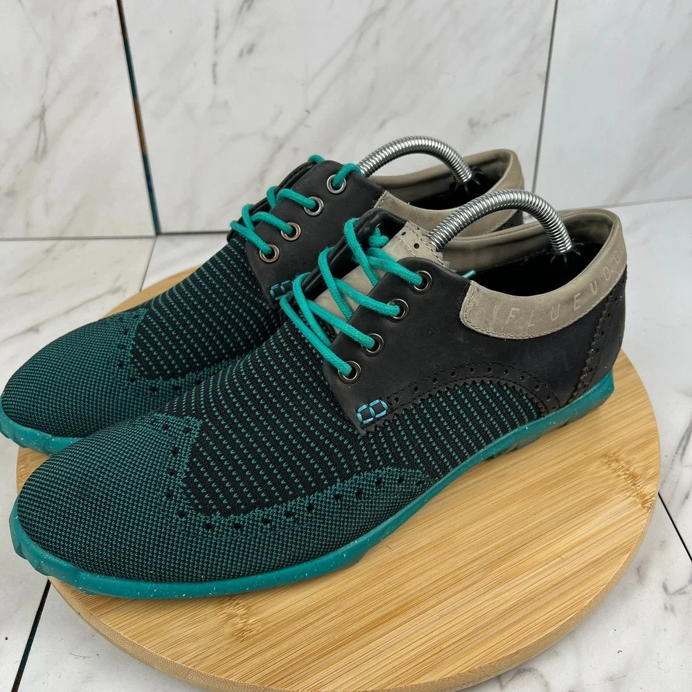 John Fluevog Orbit Mens Size 10 Blue Knit Wingtip Derby Casual Dress Shoes